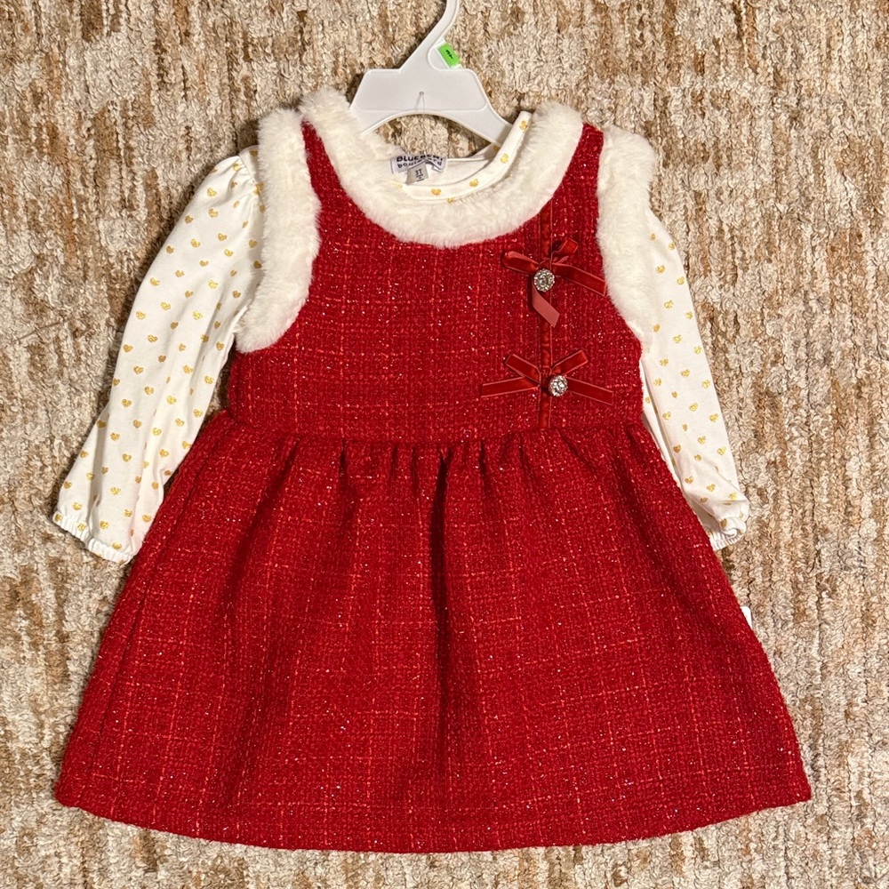 Holiday dress with white long sleeve gold heart shirt